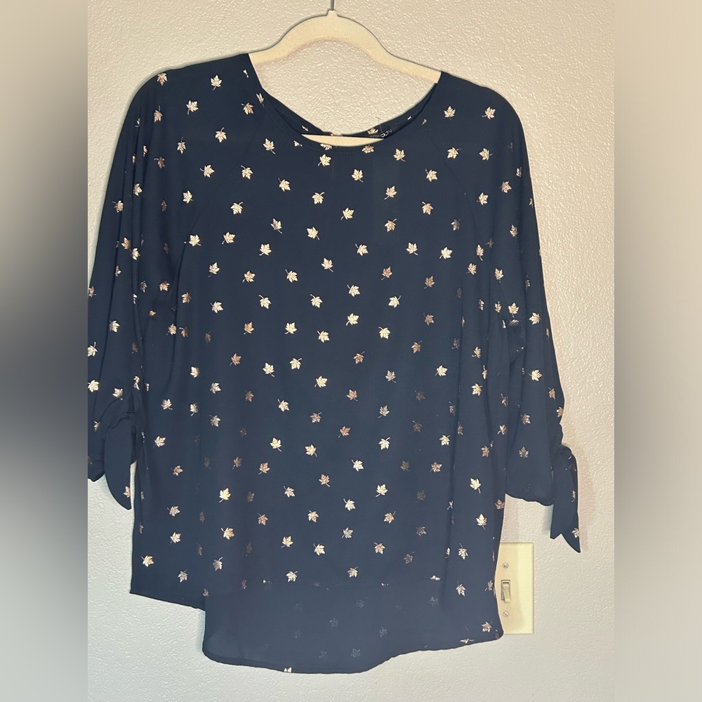 Paper Moon Foil Print Blouse Career Attire Navy & Rose-Gold Leaves Print NWT